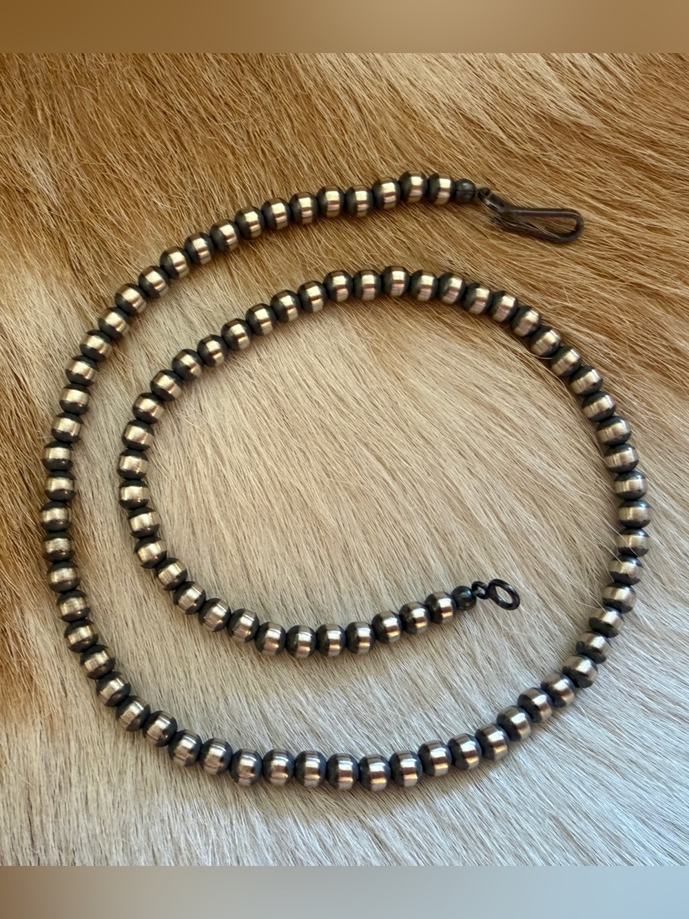❤️ 14” 4mm Desert Pearls / Beads Navajo Sterling Silver Necklace USA 7.8G Unisex